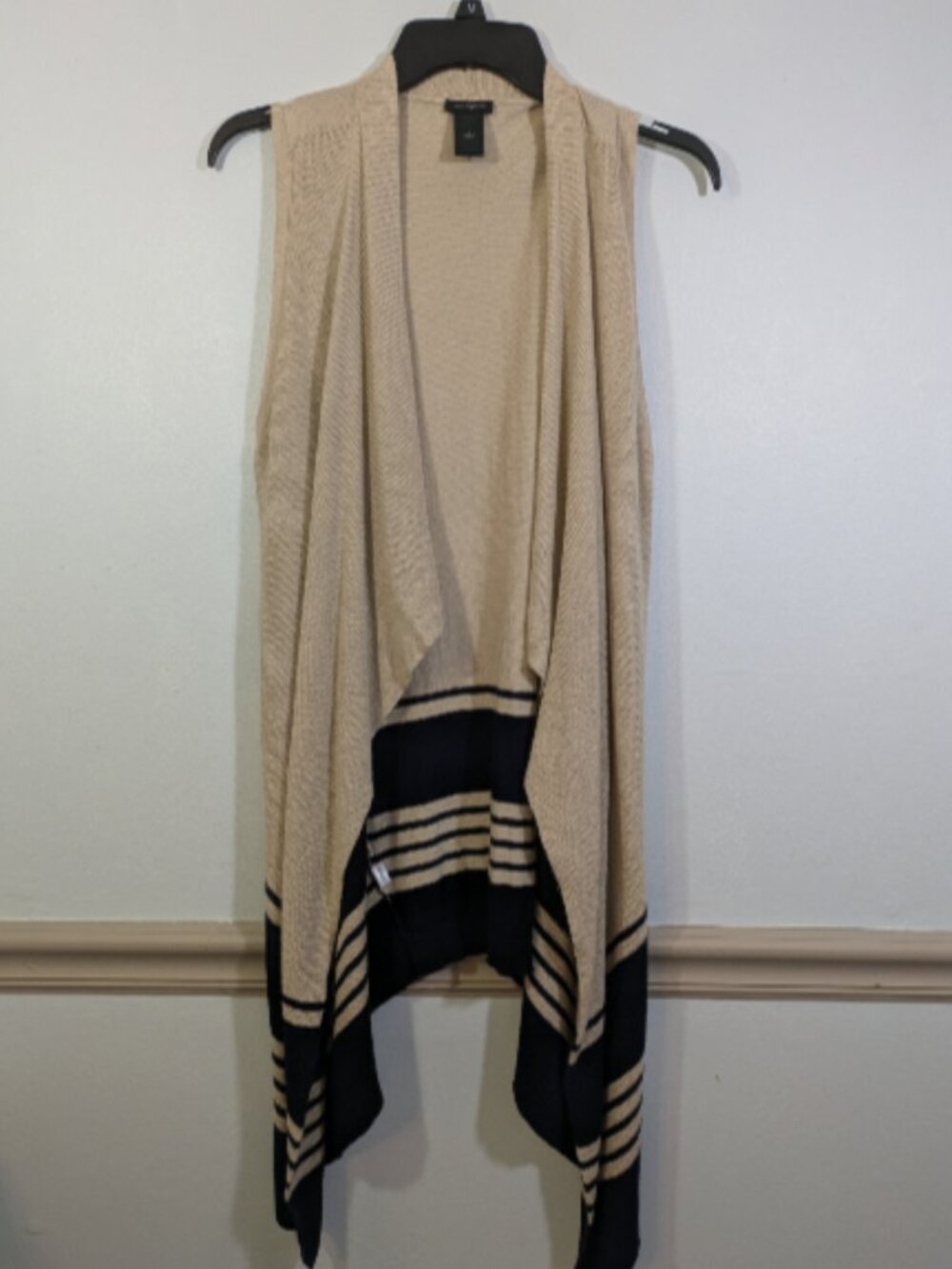 Ann Taylor Factory Sleeveless Long Open Front Cardigan Knit Beige Black Stripe M